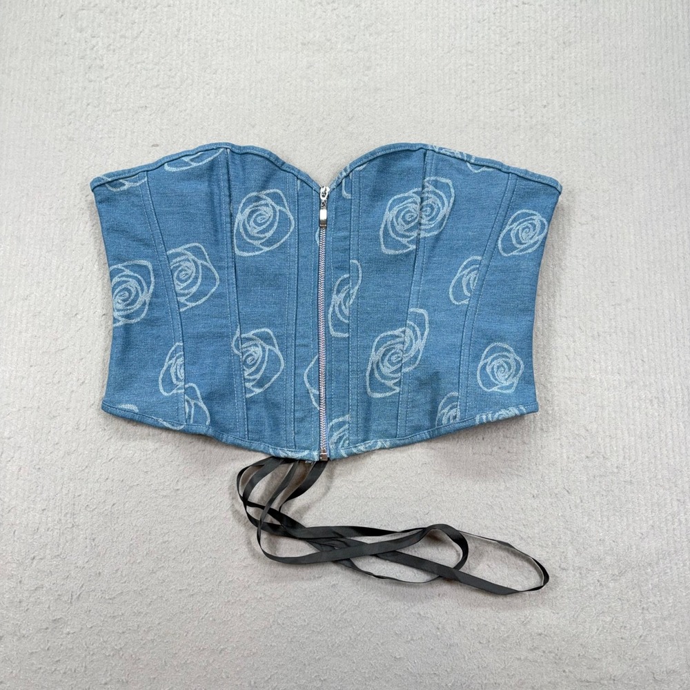 Unbranded Corset Top Women XL Blue Rose Print Denim Style Lace Up Zipper Front